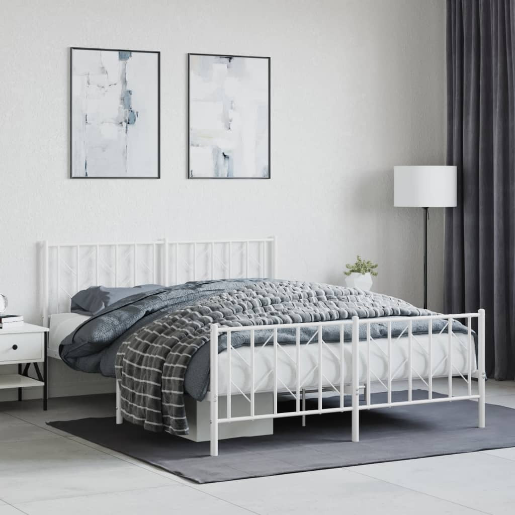 Metal Bed Frame with Headboard and Footboard?White 150x200 cm King Size