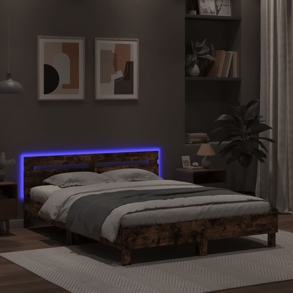 Bed Frame with Headboard and LED Brown Oak 140x200 cm