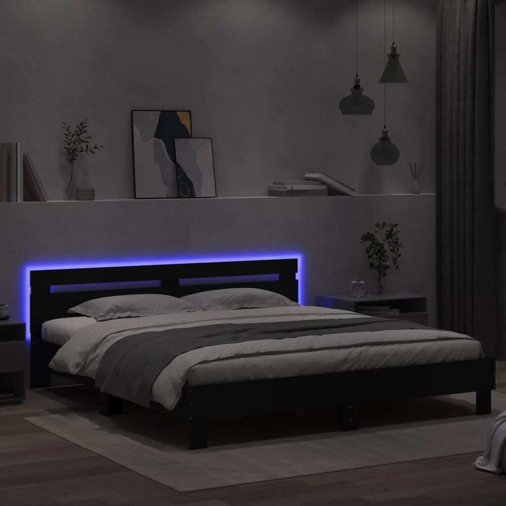 Bed Frame with Headboard and LED Black 160x200 cm