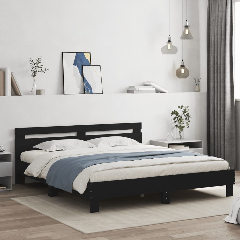 Bed Frame with Headboard and LED Black 200x200 cm