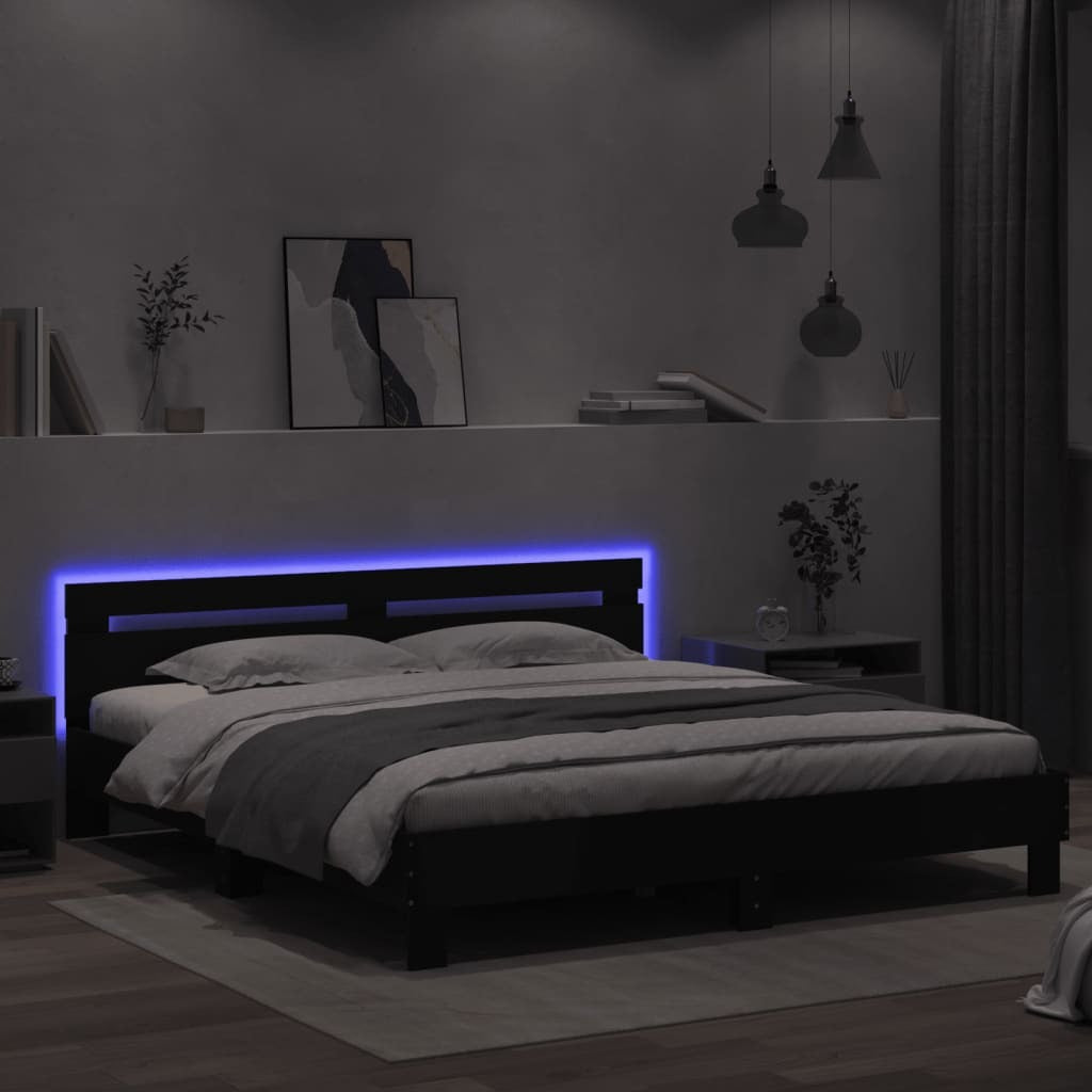 Bed Frame with Headboard and LED Black 200x200 cm