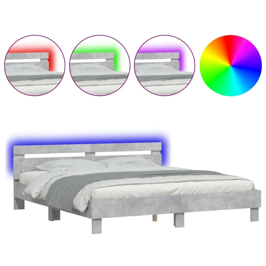Bed Frame with Headboard and LED Concrete Grey 180x200 cm Super King Size