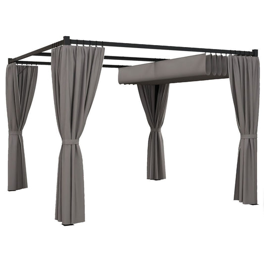 3 x 3(m) Pergola with Retractable Roof and Curtains, Light Grey