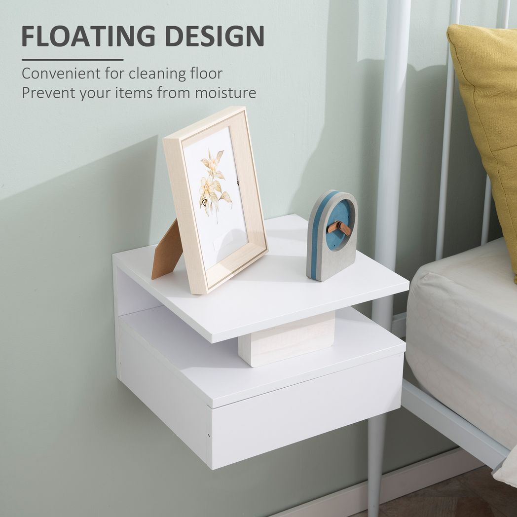 HOMCOM Floating Nightstand Set of 2, Wall Mounted Bedside Cabinet with Drawer