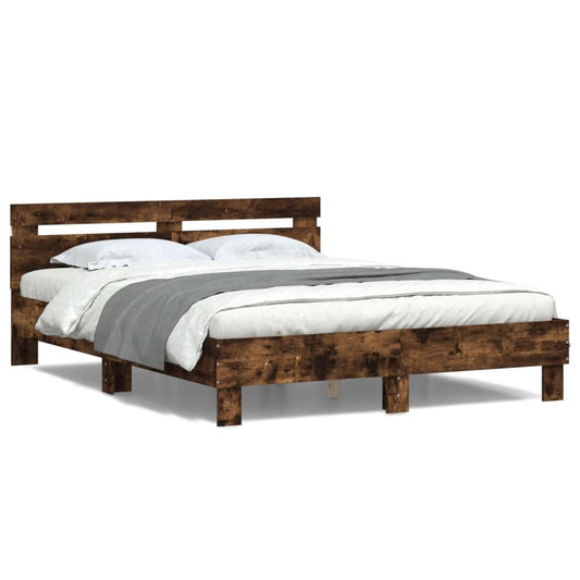 Bed Frame with Headboard and LED Smoked Oak 150x200 cm King Size