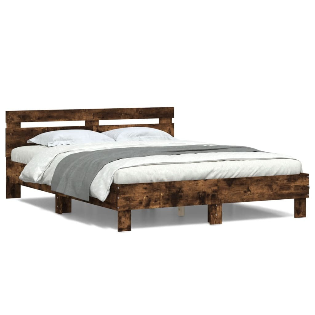 Bed Frame with Headboard and LED Smoked Oak 150x200 cm King Size