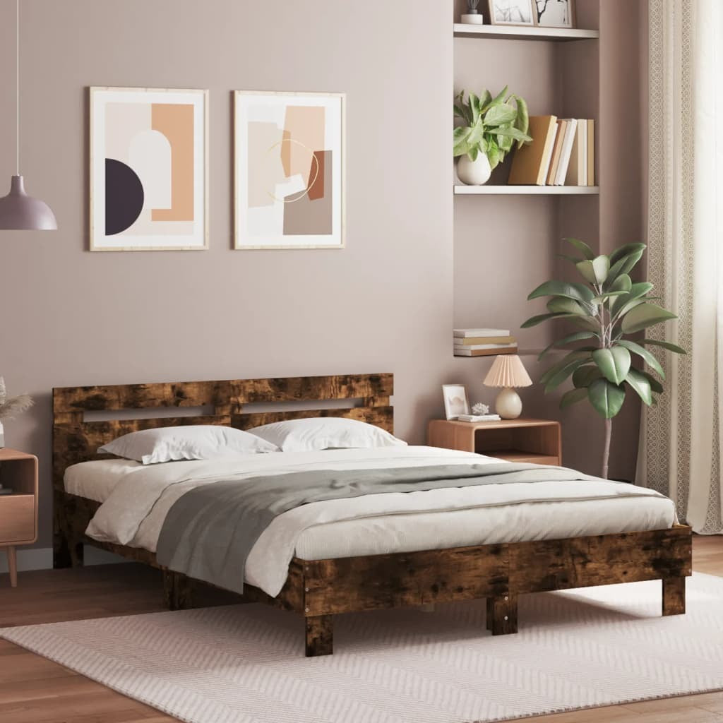 Bed Frame with Headboard and LED Smoked Oak 150x200 cm King Size