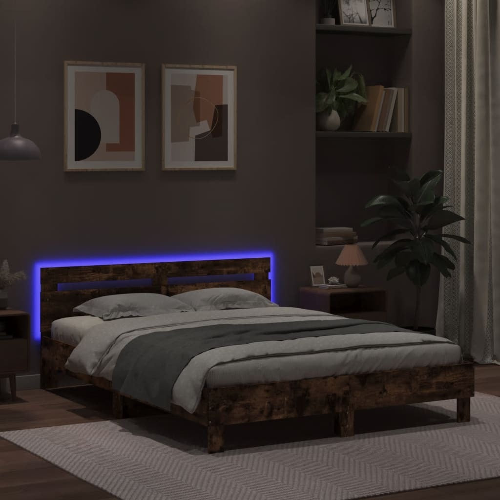 Bed Frame with Headboard and LED Smoked Oak 150x200 cm King Size