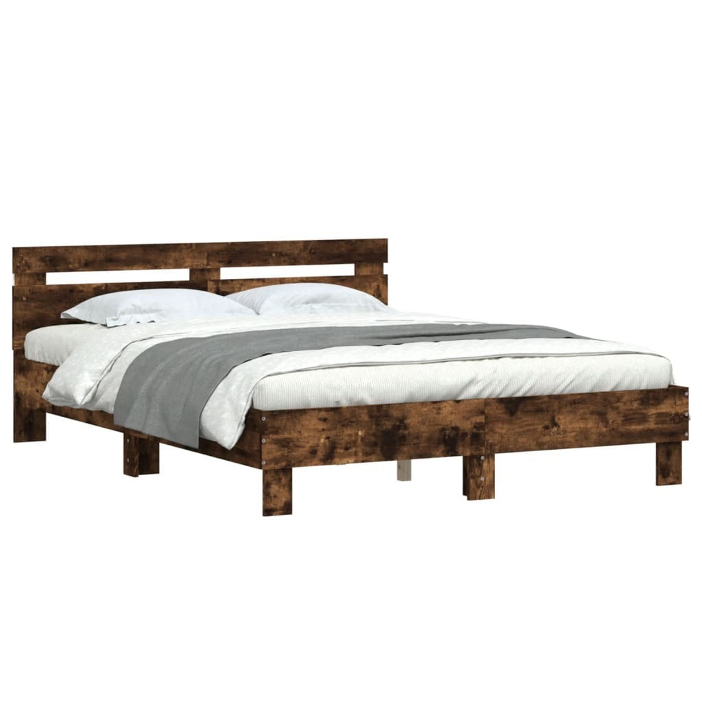 Bed Frame with Headboard and LED Smoked Oak 150x200 cm King Size
