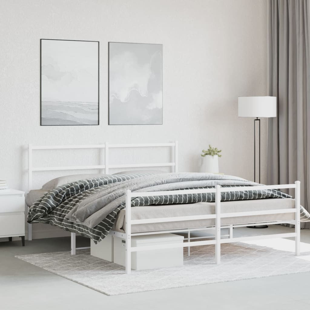Metal Bed Frame with Headboard and Footboard?White 150x200 cm King Size