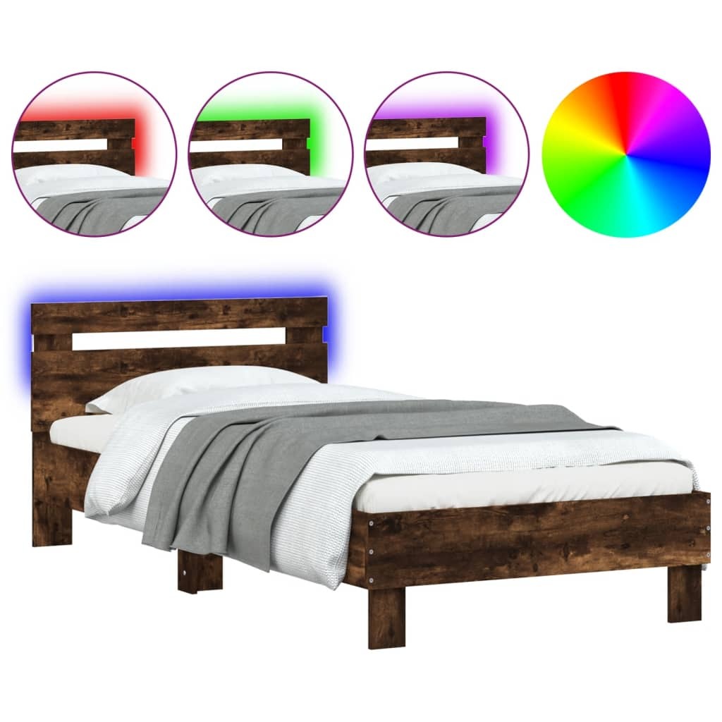 Bed Frame with Headboard and LED Lights Smoked Oak 90x200 cm