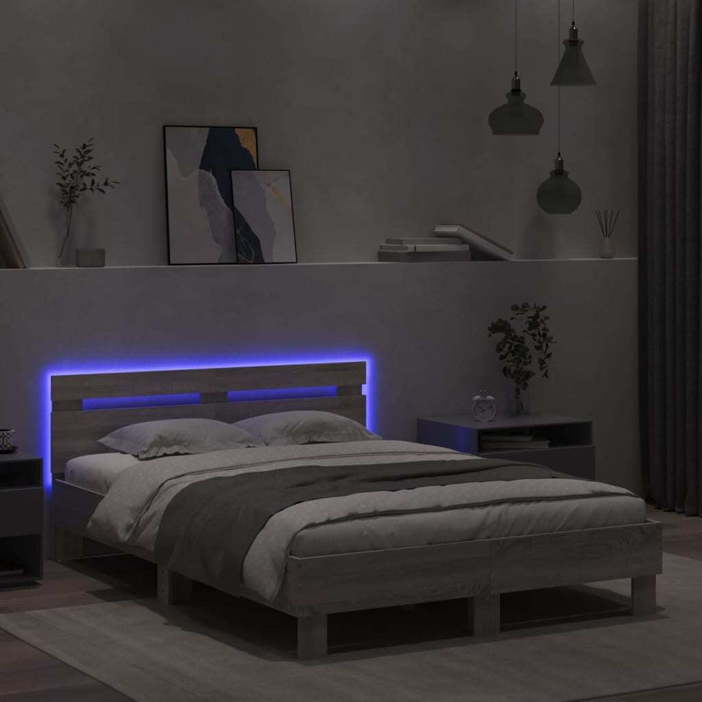 Bed Frame with Headboard and LED Grey Sonoma 120x200 cm