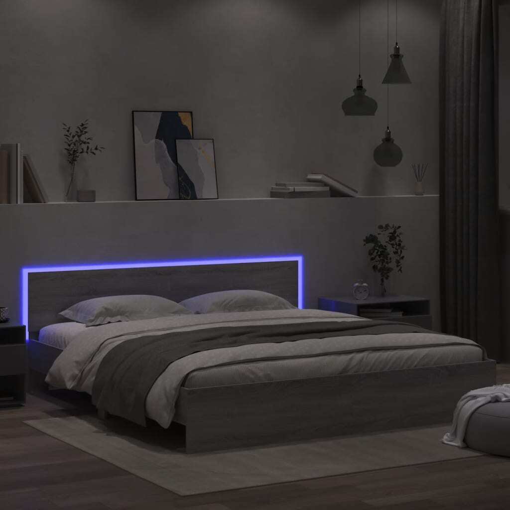 Bed Frame with Headboard and LED Grey Sonoma 180x200 cm Super King Size