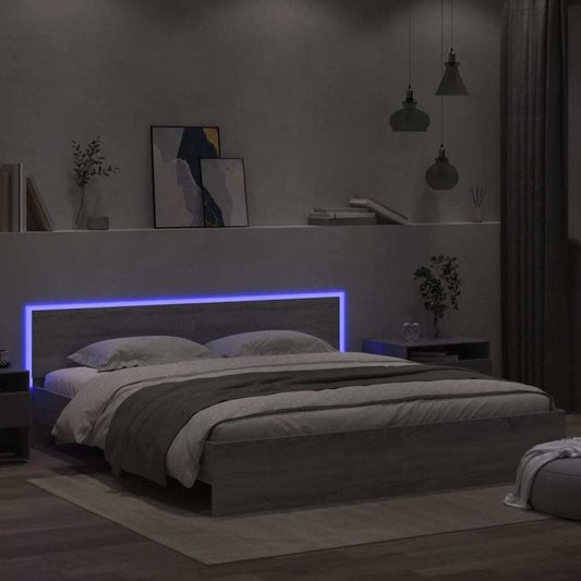 Bed Frame with Headboard and LED Grey Sonoma 180x200 cm Super King Size
