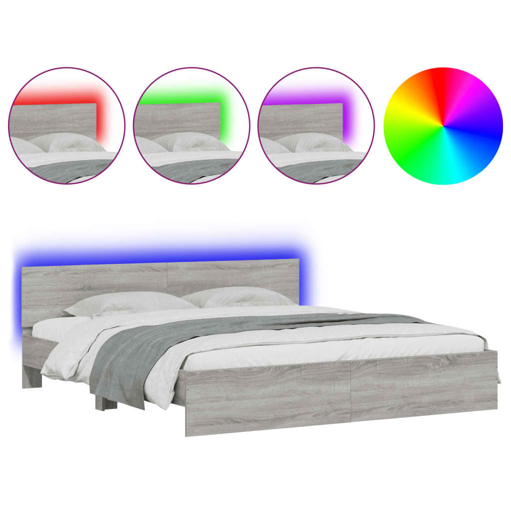 Bed Frame with Headboard and LED Grey Sonoma 180x200 cm Super King Size