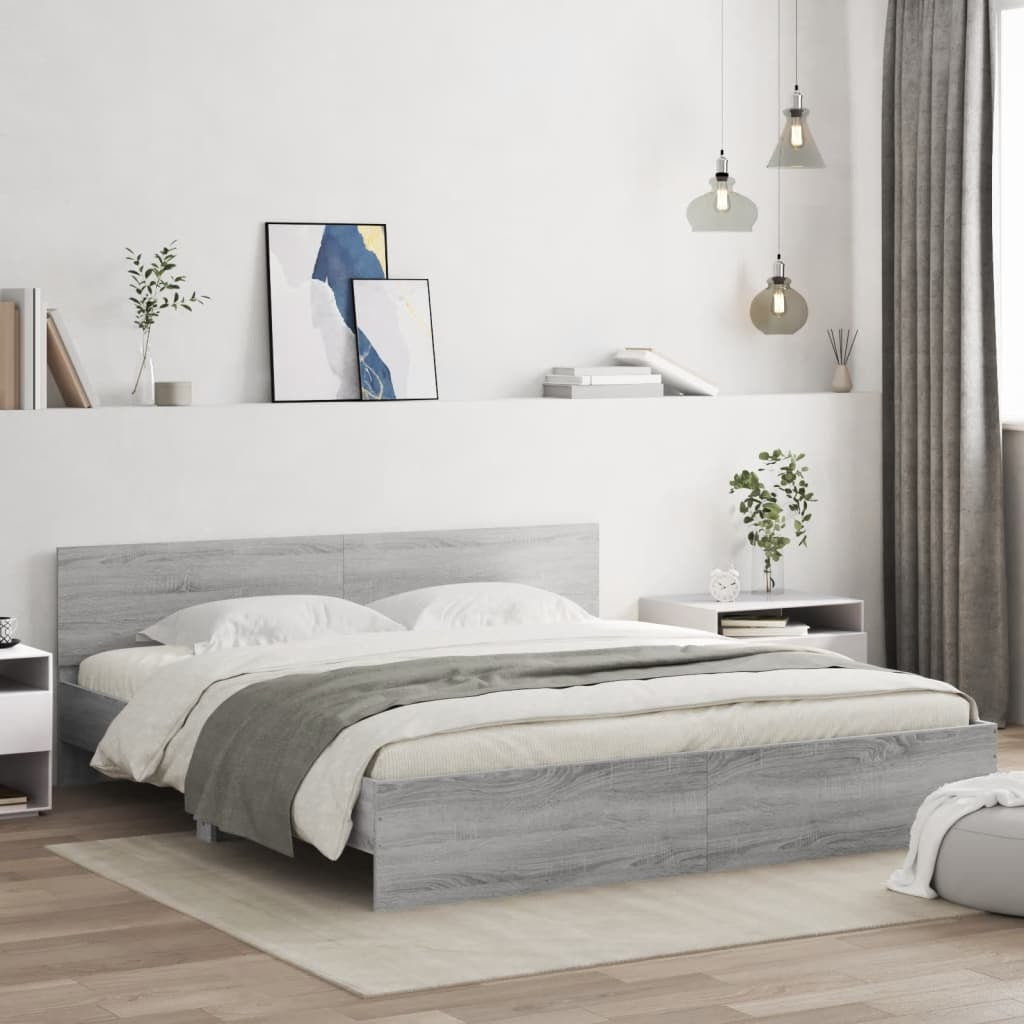 Bed Frame with Headboard and LED Grey Sonoma 180x200 cm Super King Size