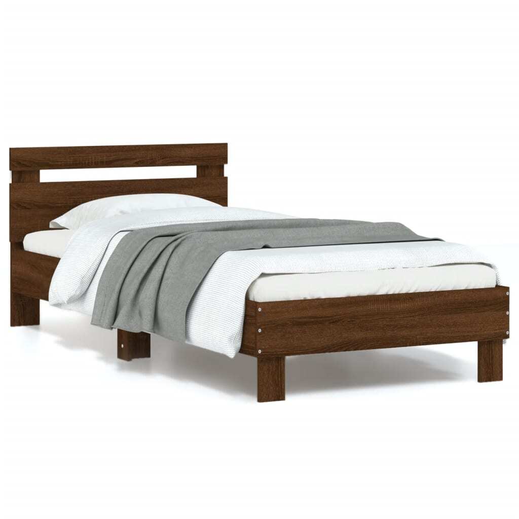 Bed Frame with Headboard and LED Lights Brown Oak 90x190 cm Single