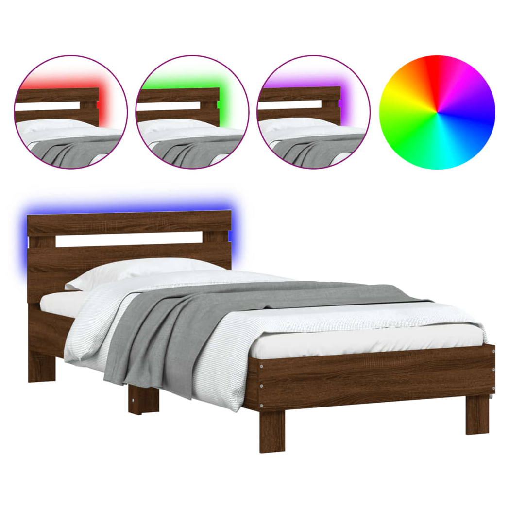 Bed Frame with Headboard and LED Lights Brown Oak 90x190 cm Single