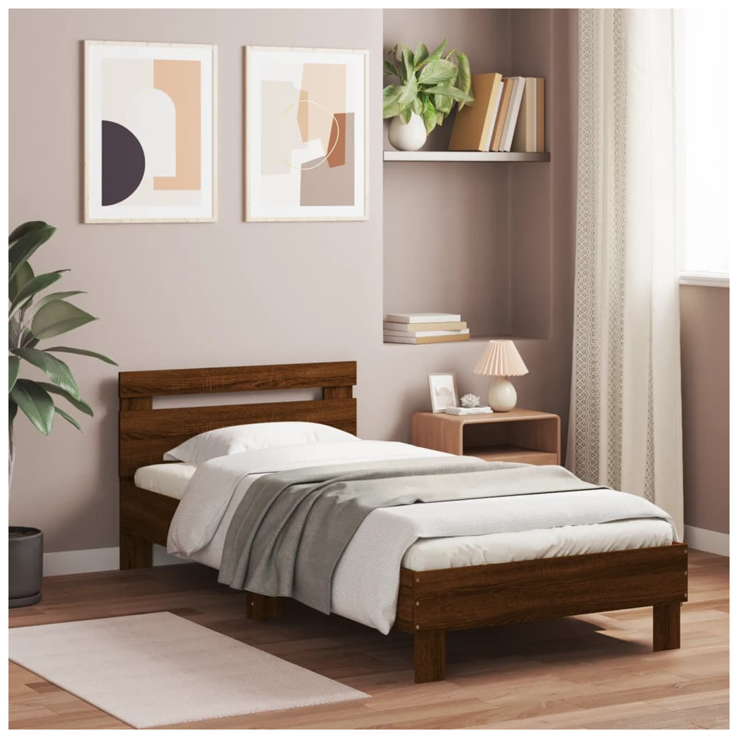 Bed Frame with Headboard and LED Lights Brown Oak 90x190 cm Single