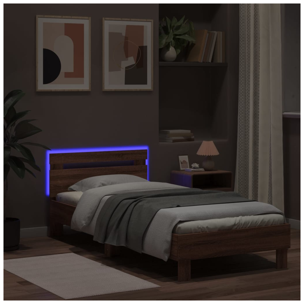 Bed Frame with Headboard and LED Lights Brown Oak 90x190 cm Single