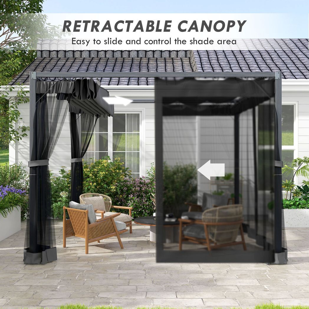 3 x 3 m Pergola with Retractable Roof and Netting, Dark Grey