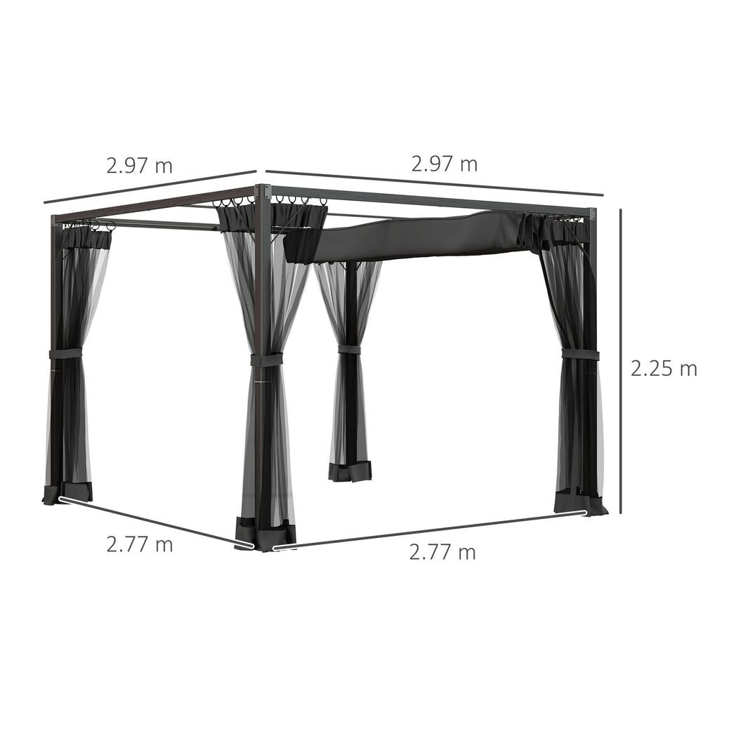 3 x 3 m Pergola with Retractable Roof and Netting, Dark Grey