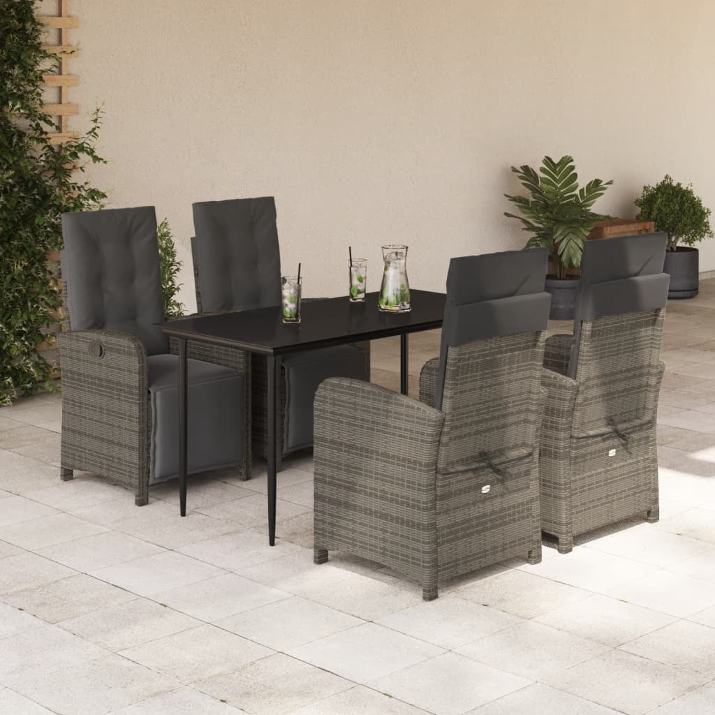 5 Piece Garden Dining Set with Cushions Grey Poly Rattan