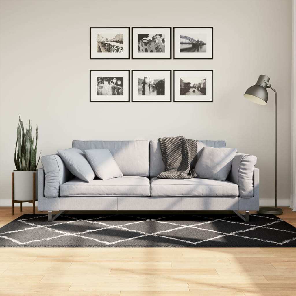 Shaggy Rug PAMPLONA High Pile Modern Black and Cream 100x200 cm