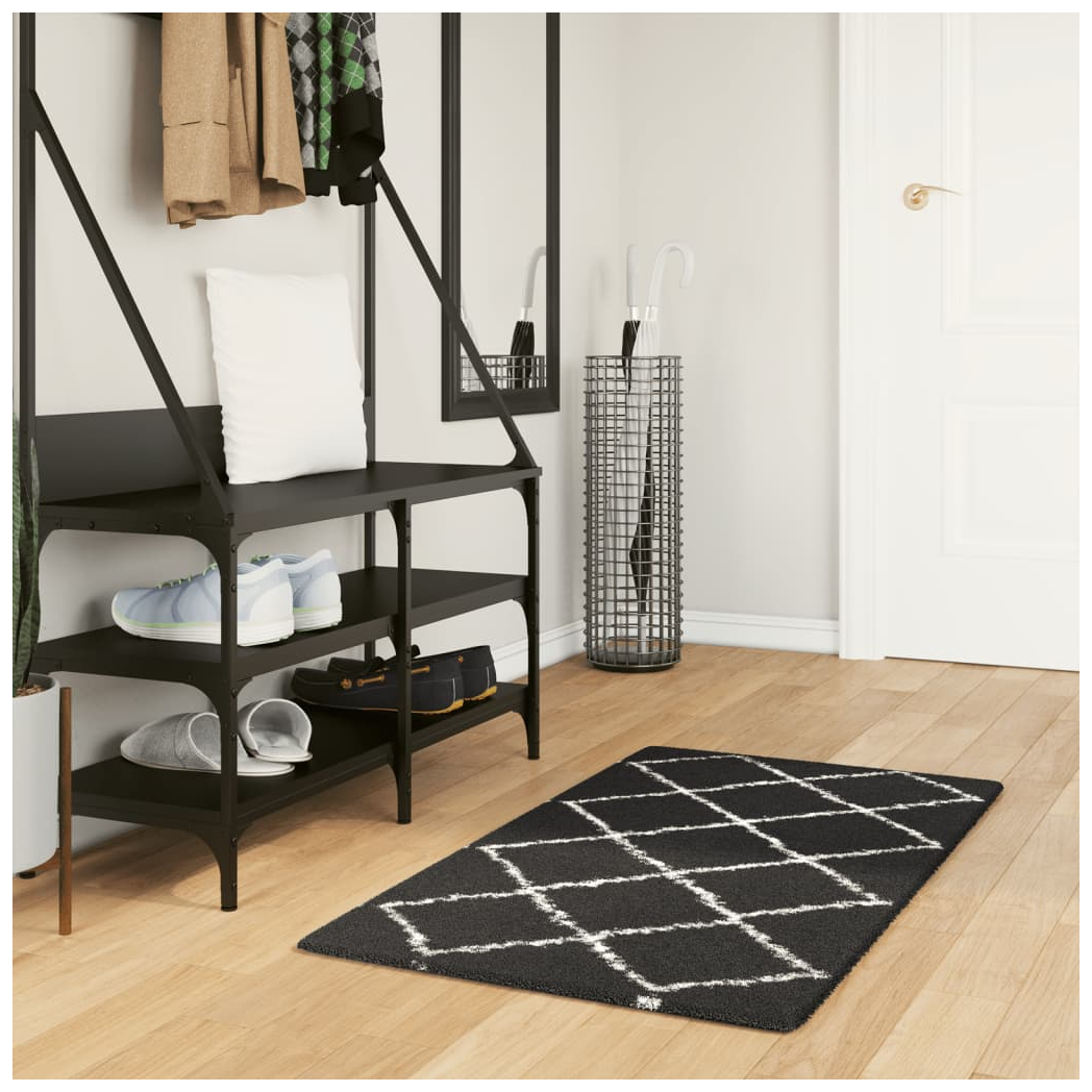 Shaggy Rug PAMPLONA High Pile Modern Black and Cream 60x110 cm