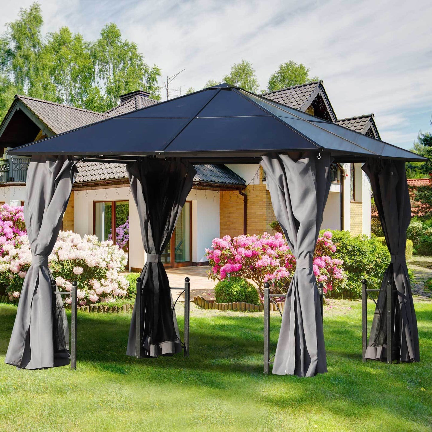 3m x 3m Outdoor Aluminium Alloy Gazebo w/ Curtains Dark Grey