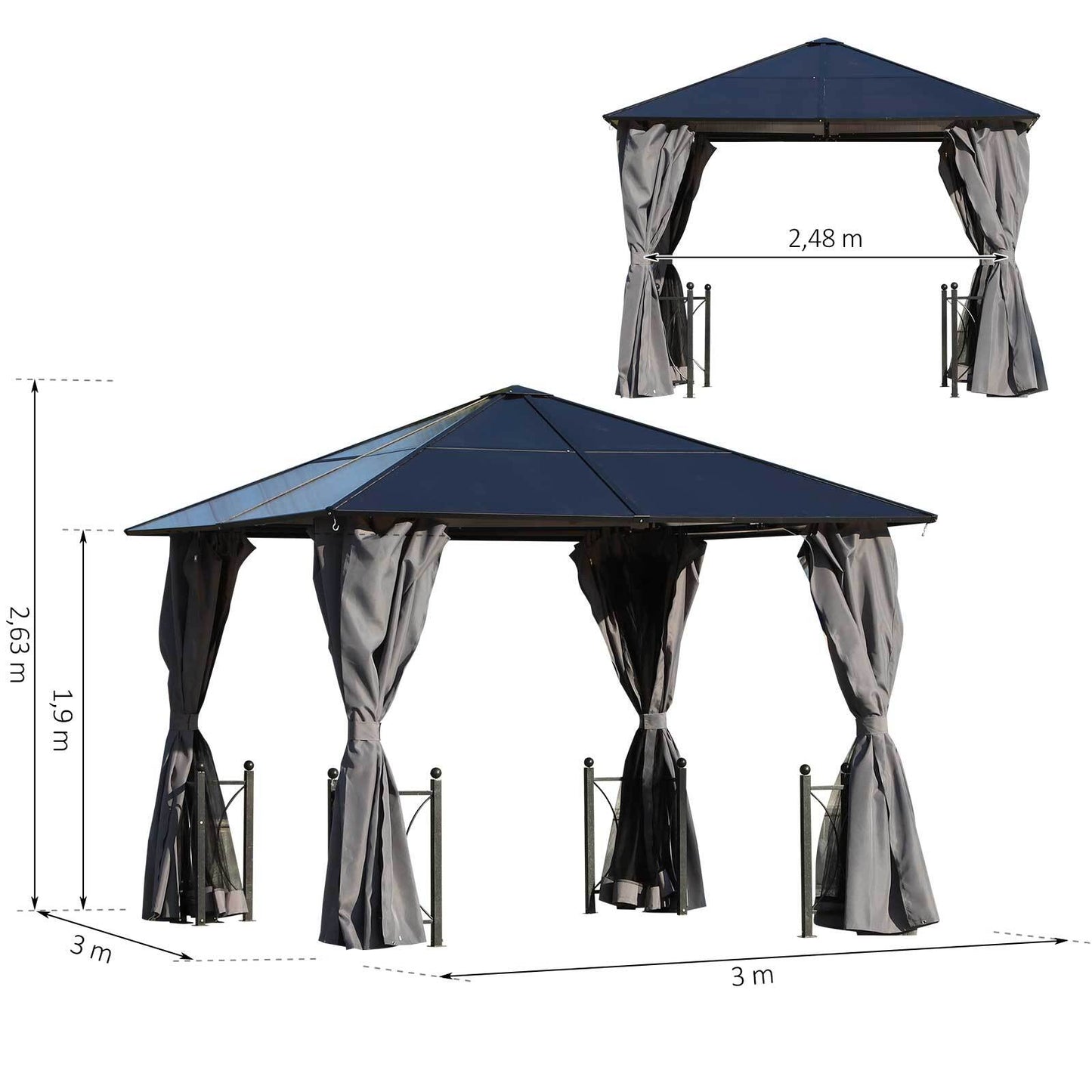 3m x 3m Outdoor Aluminium Alloy Gazebo w/ Curtains Dark Grey