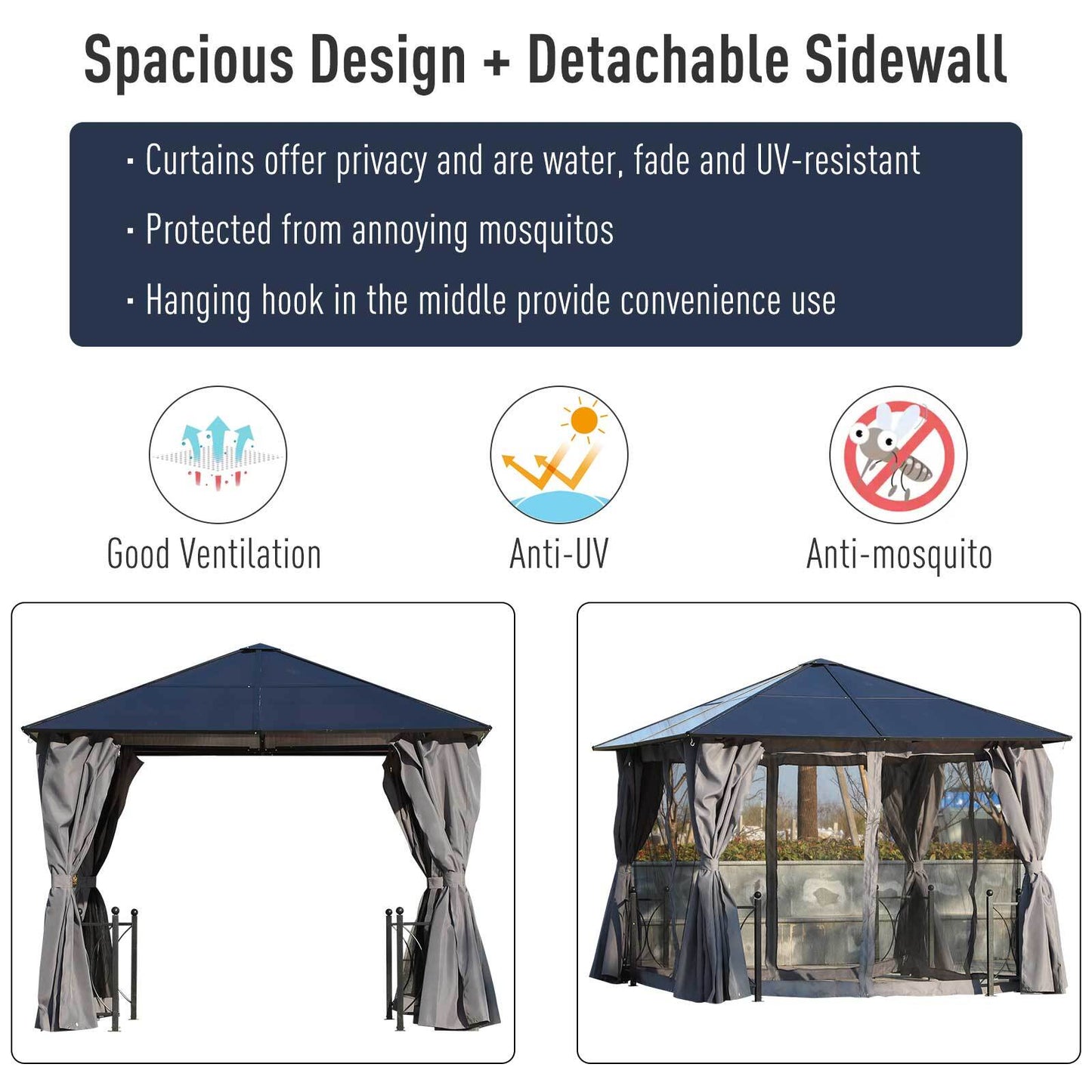 3m x 3m Outdoor Aluminium Alloy Gazebo w/ Curtains Dark Grey