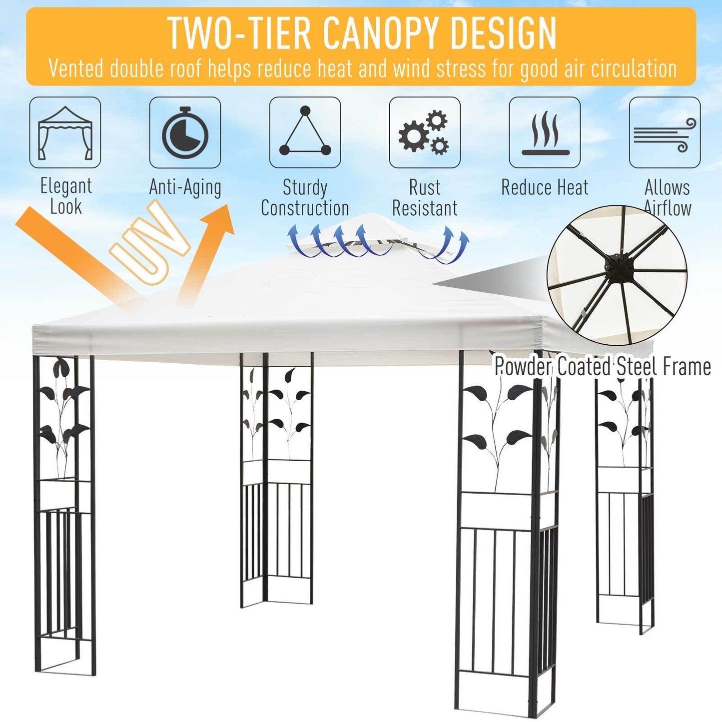 3m x 3m Vented Roof Metal Frame Garden Gazebo Cream