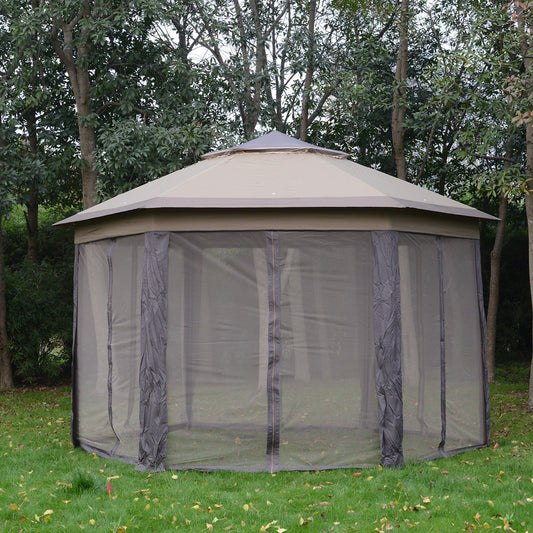 4.05m x 4.05m Metal Frame Mesh Draped 2-Tier Roof Gazebo Brown