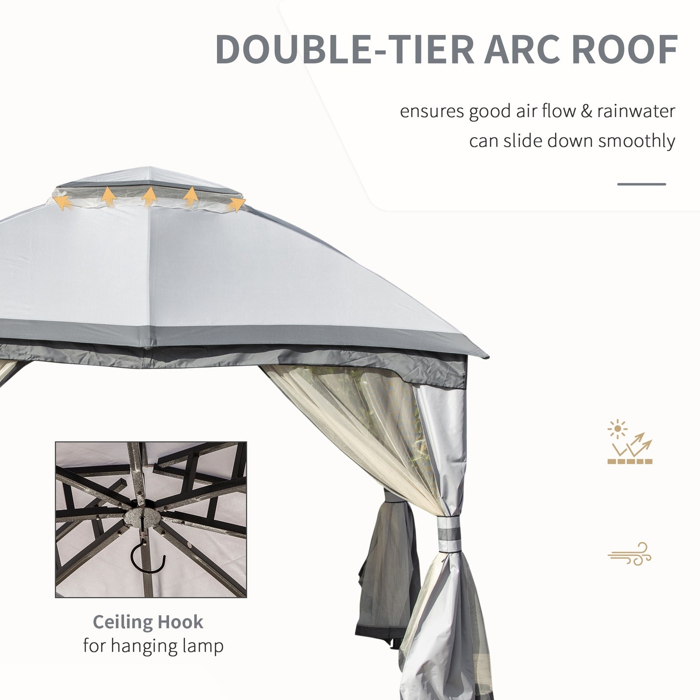 4x3m Metal Gazebo Canopy & Netting Sidewalls & Double Tiered Roof, Grey