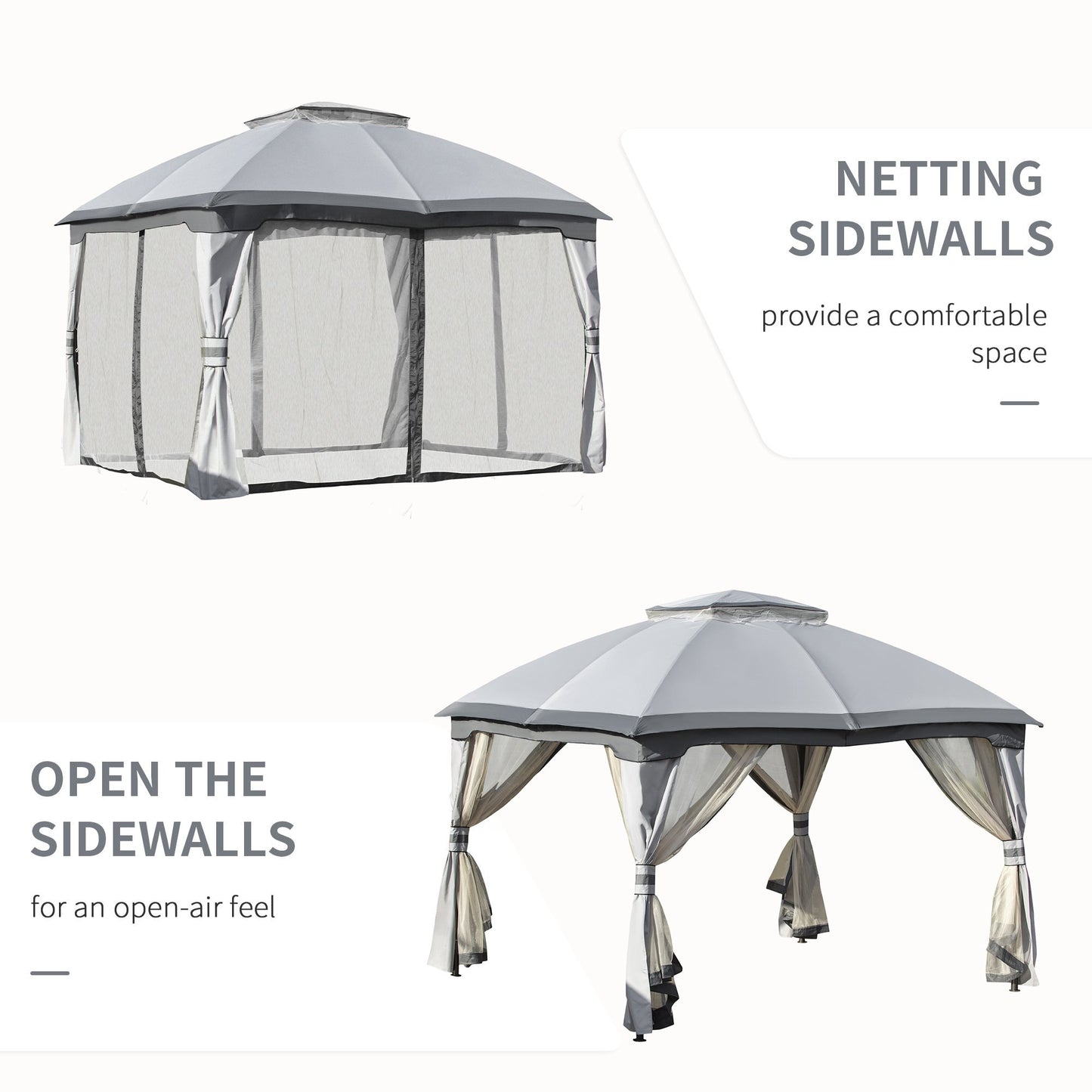 4x3m Metal Gazebo Canopy & Netting Sidewalls & Double Tiered Roof, Grey