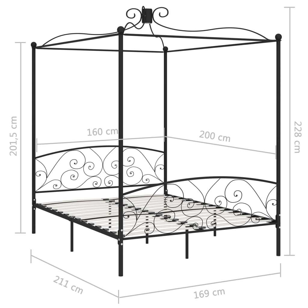 Canopy Bed Frame Black Metal 160x200 cm