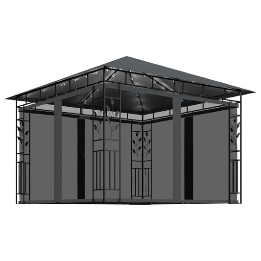 Gazebo with Mosquito Net&LED String Lights 3x3x2.73m Anthracite