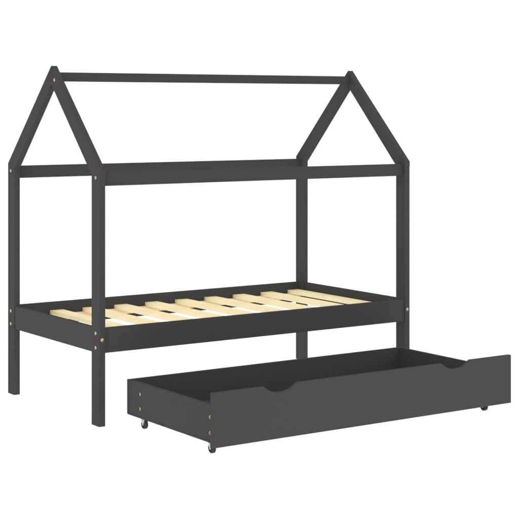 Kids Bed Frame with a Drawer Dark Grey Solid Pine Wood 80x160cm