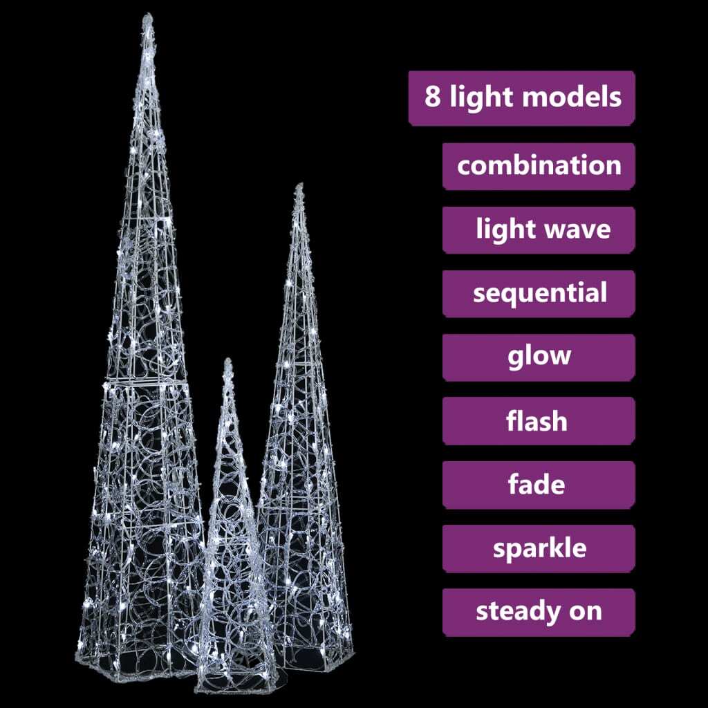 Acrylic Decorative LED Light Cone Set Cold White 60/90/120cm