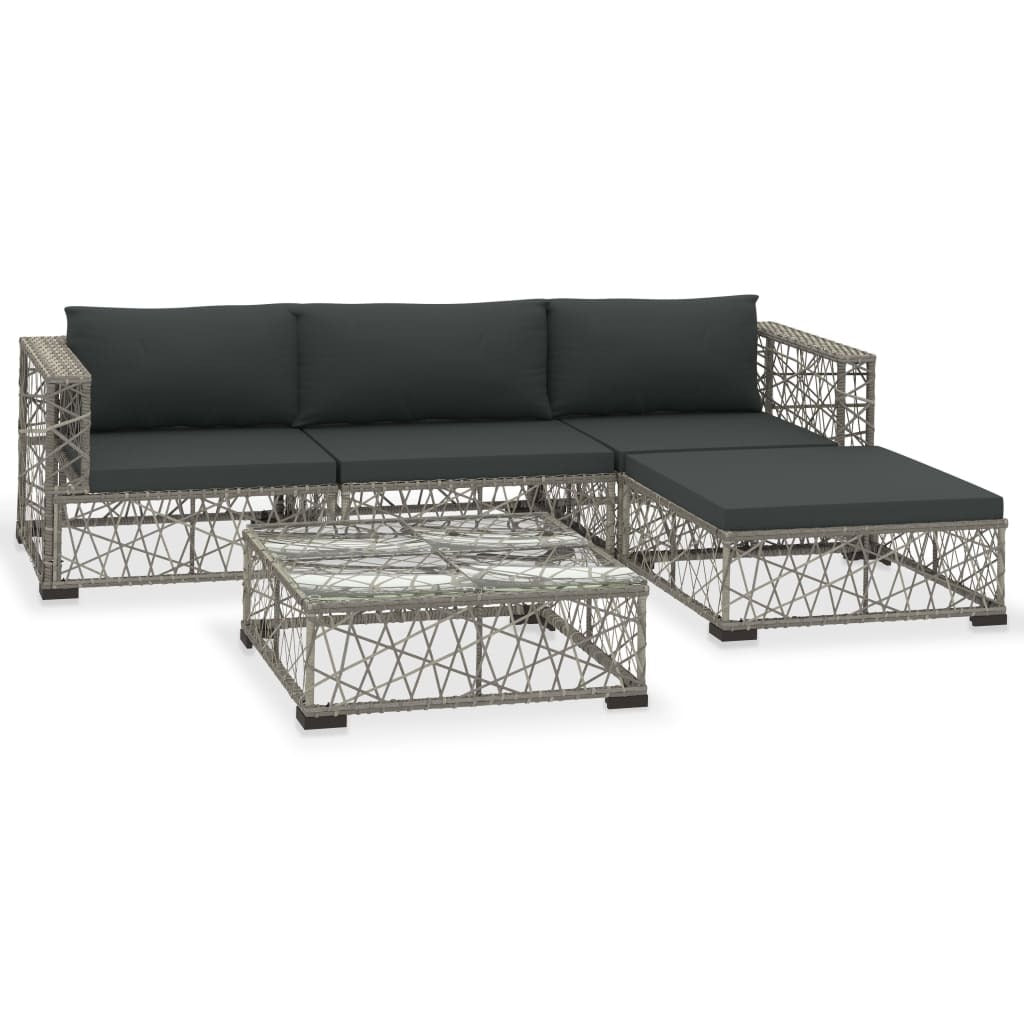 5 Piece Garden Lounge Set with Cushions Poly Rattan Grey