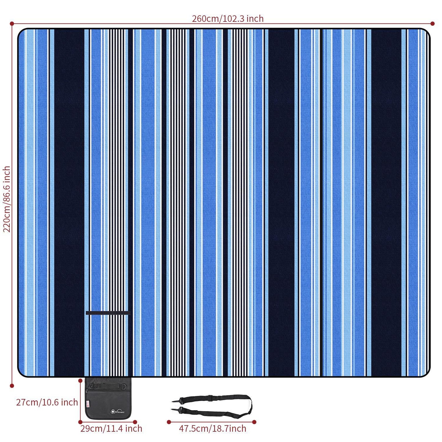 Vinsani Blue Stripe 260X220cm Picnic Rug 0000285