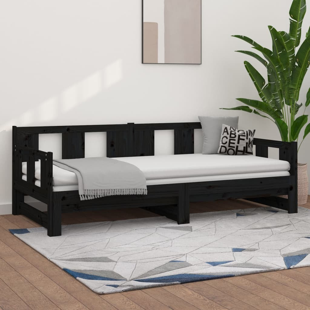 Pull-out Day Bed Black Solid Wood Pine 2x(90x190) cm