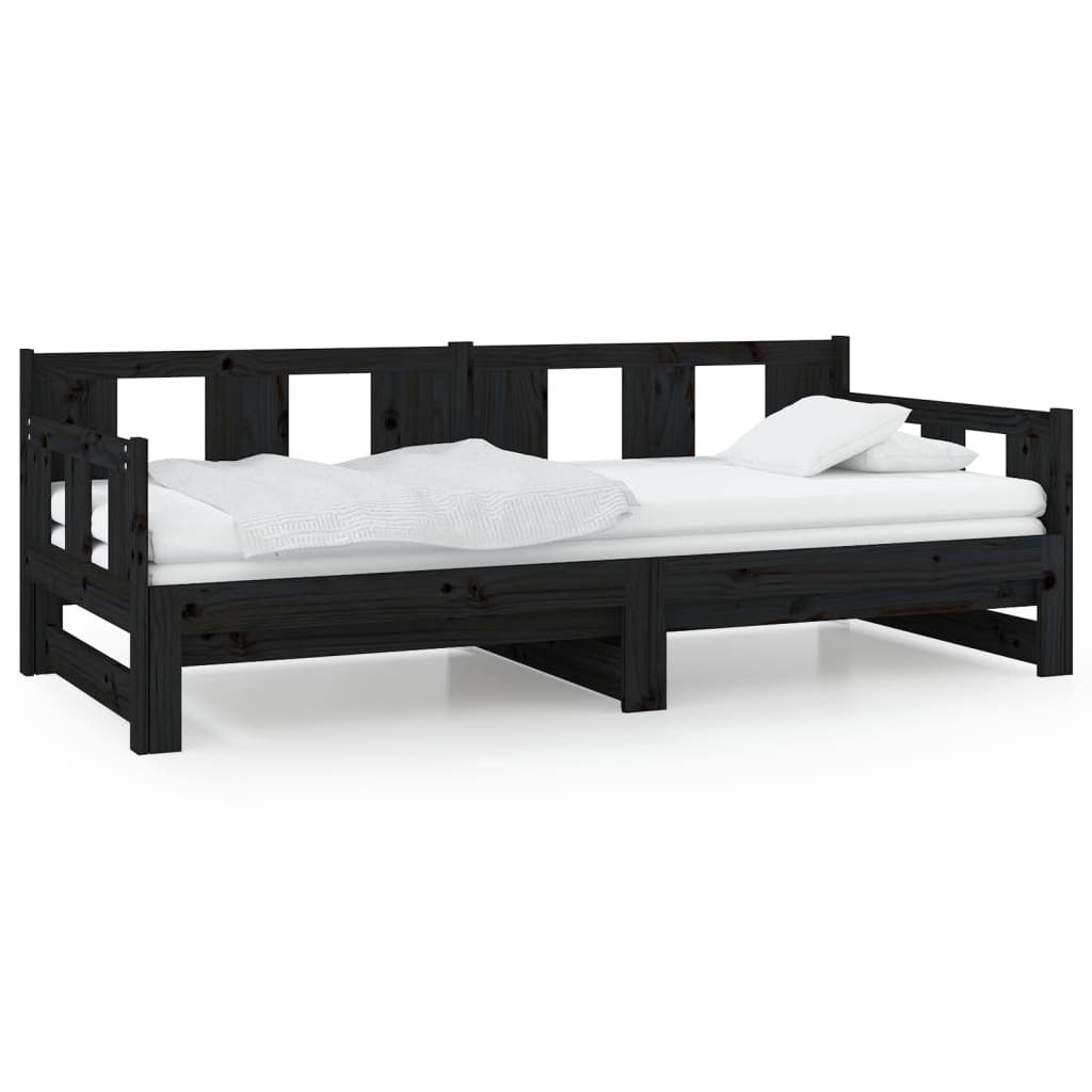 Pull-out Day Bed Black Solid Wood Pine 2x(90x190) cm