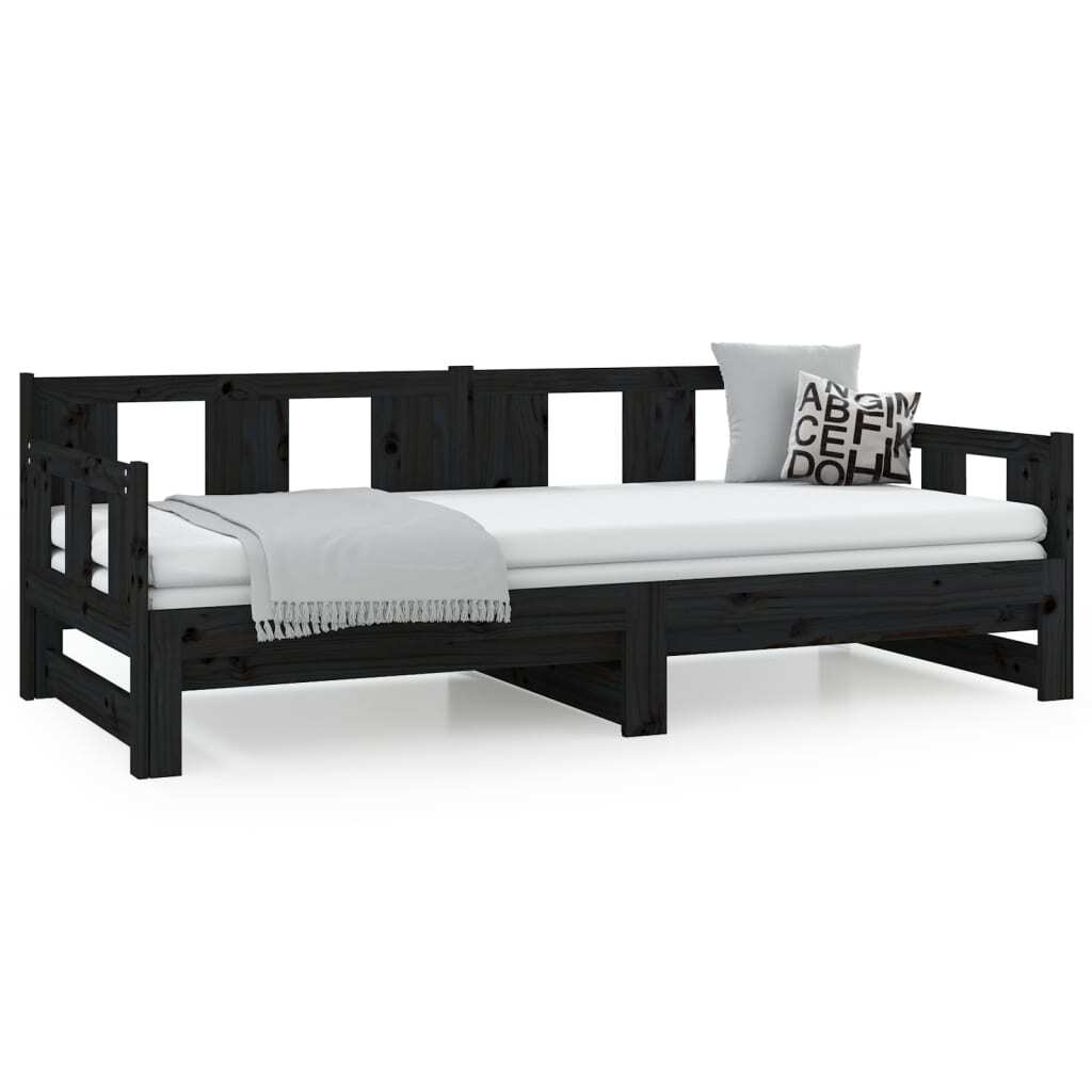 Pull-out Day Bed Black Solid Wood Pine 2x(90x190) cm