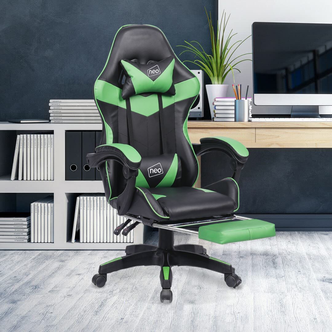 Leather Recliner Computer Gaming Office Chair With Footrest - Green