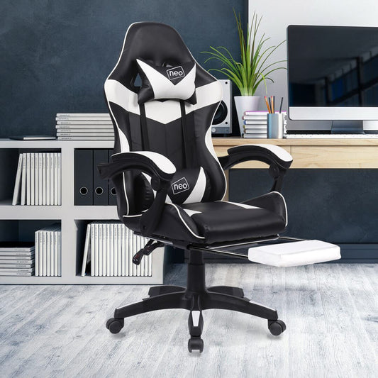 Leather Recliner Computer Gaming Office Chair With Footrest - White