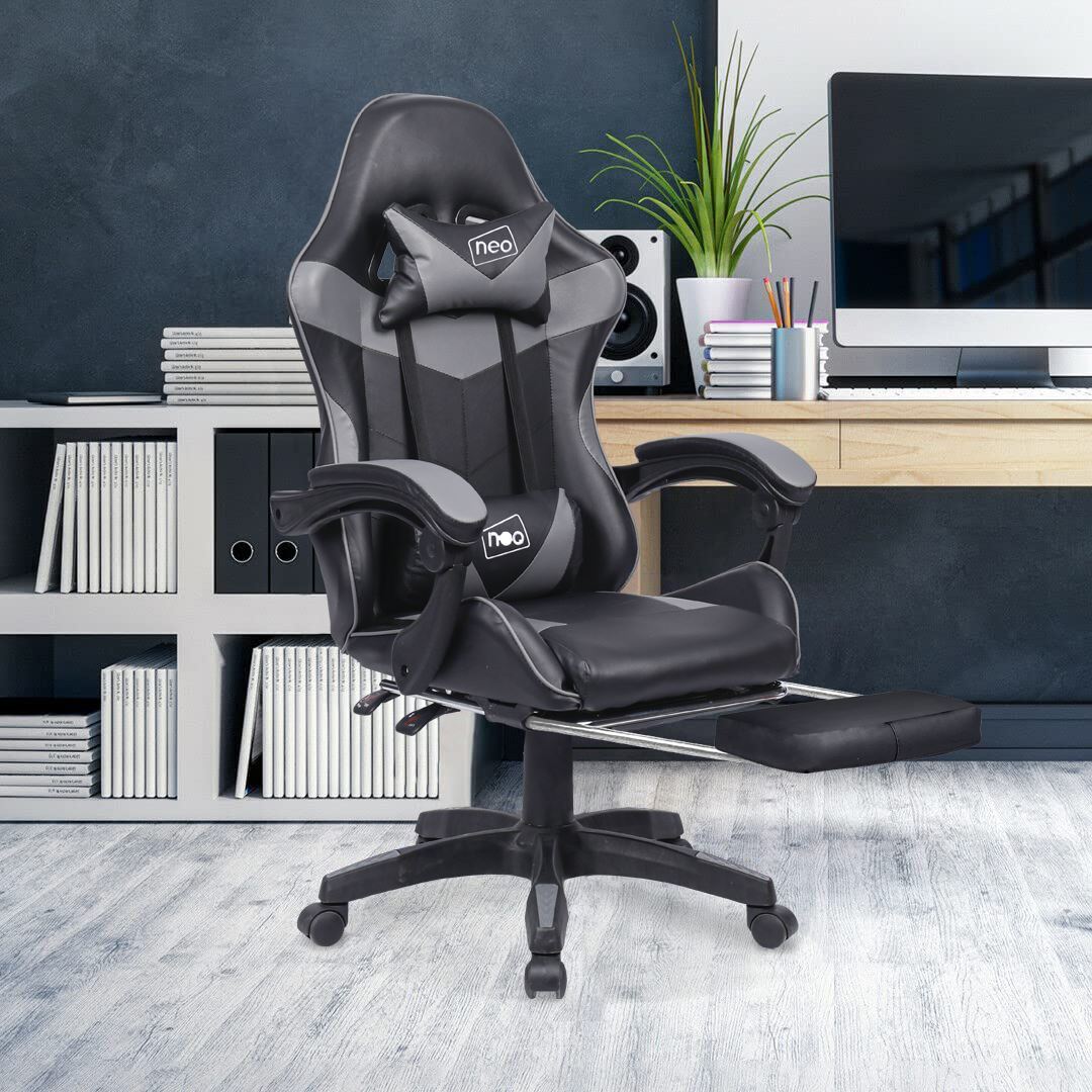 Leather Recliner Computer Gaming Office Chair With Footrest - Grey