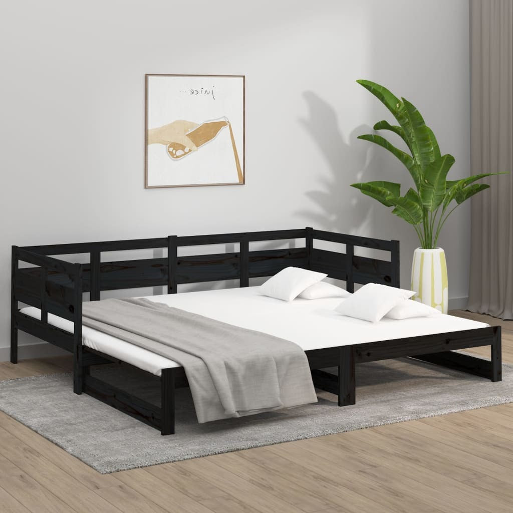 Pull-out Day Bed Black Solid Wood Pine 2x(80x200) cm