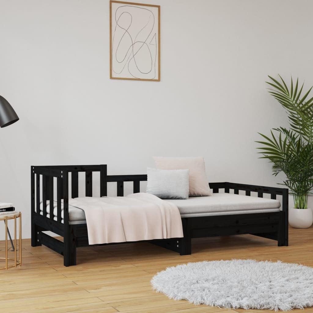 Pull-out Day Bed Black 2x(80x200) cm Solid Wood Pine